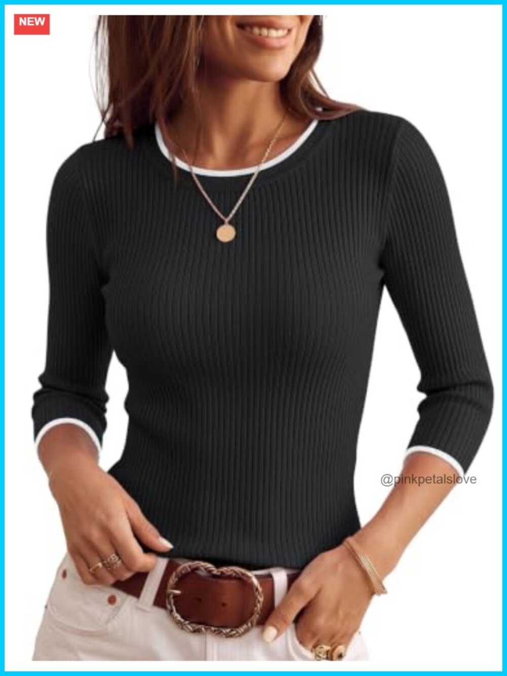 Womens Lightweight Knit Pullover Sweater 3/4 Sleeve Striped Fitted Top